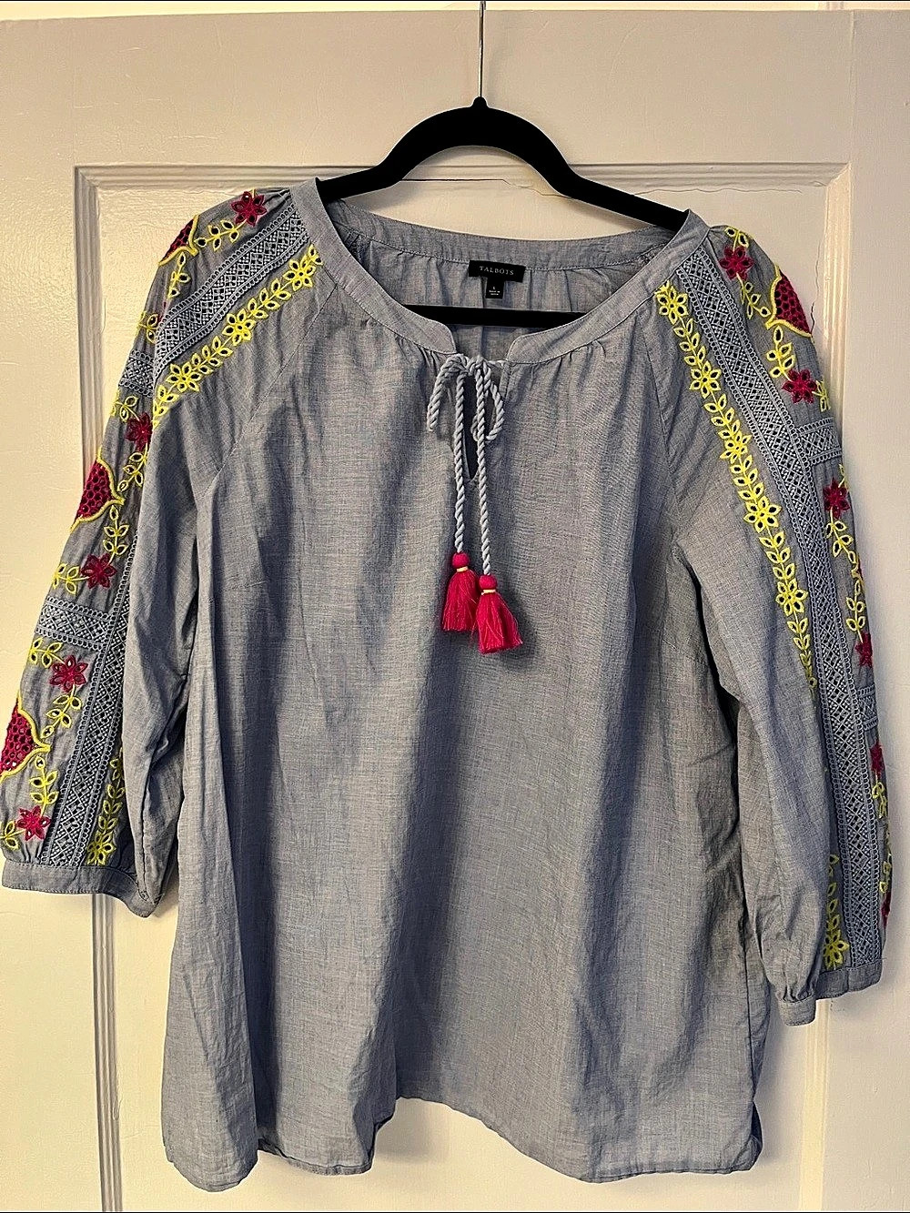Talbots Embroidered Chambray Blouse Floral Sleeve Blue & Pink